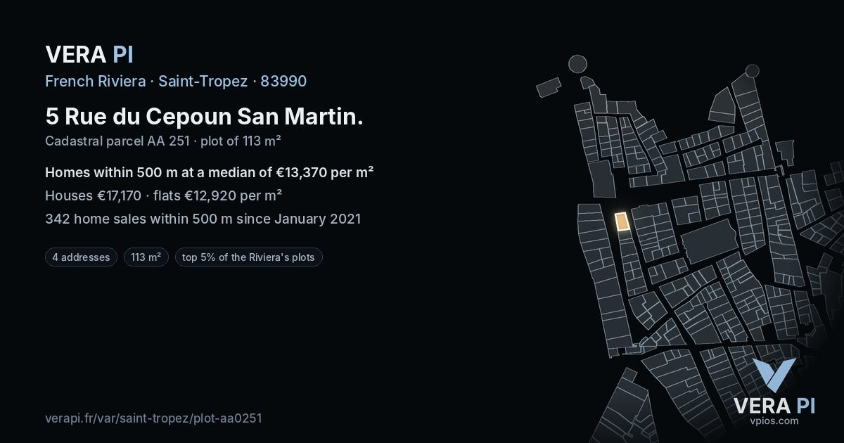 5 Rue du Cepoun San Martin, Saint-Tropez at night – the plot lit, the parcels around coloured by the prices near them