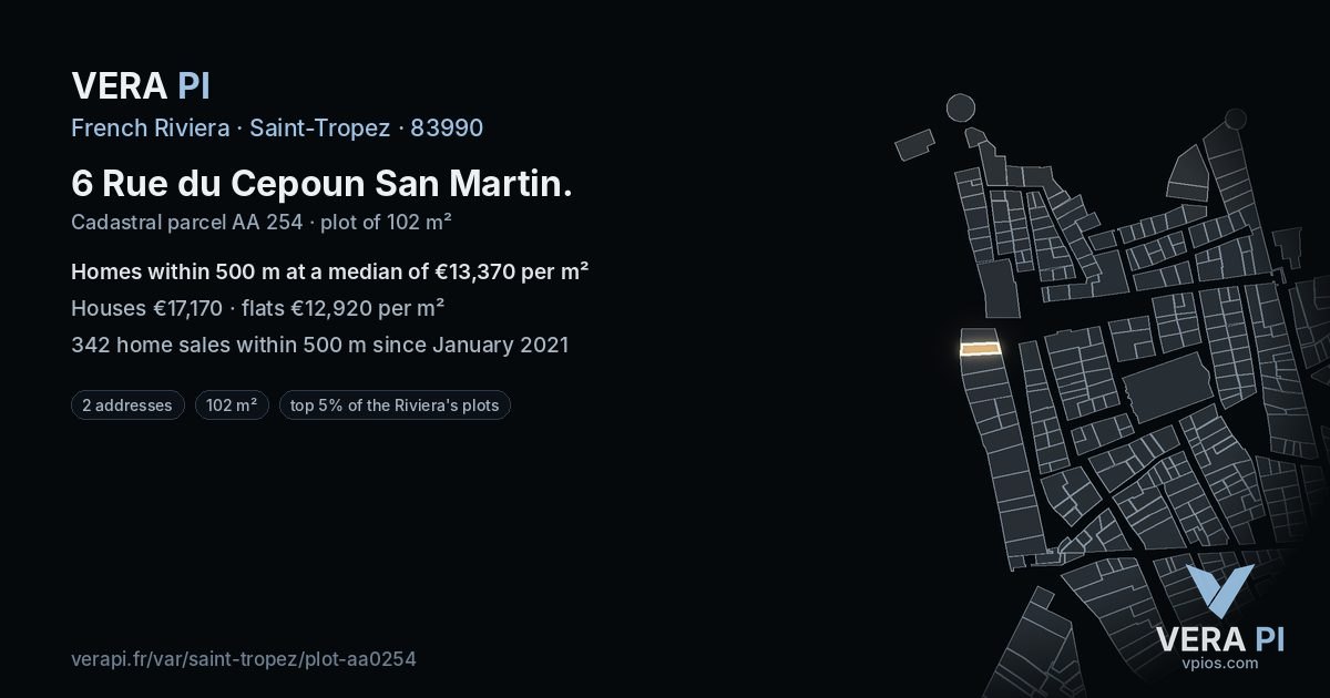 6 Rue du Cepoun San Martin, Saint-Tropez at night – the plot lit, the parcels around coloured by the prices near them