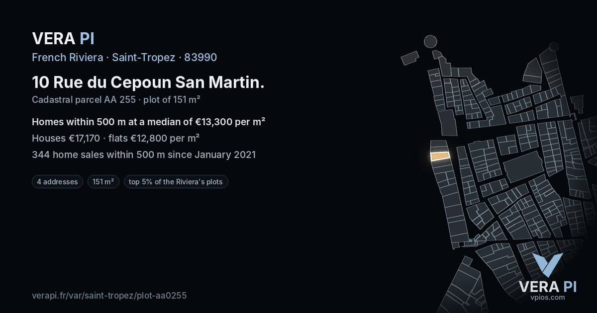10 Rue du Cepoun San Martin, Saint-Tropez at night – the plot lit, the parcels around coloured by the prices near them