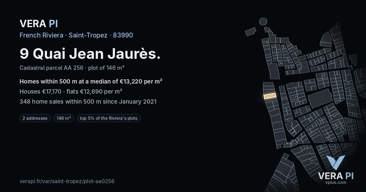 9 Quai Jean Jaurès, Saint-Tropez at night – the plot lit, the parcels around coloured by the prices near them