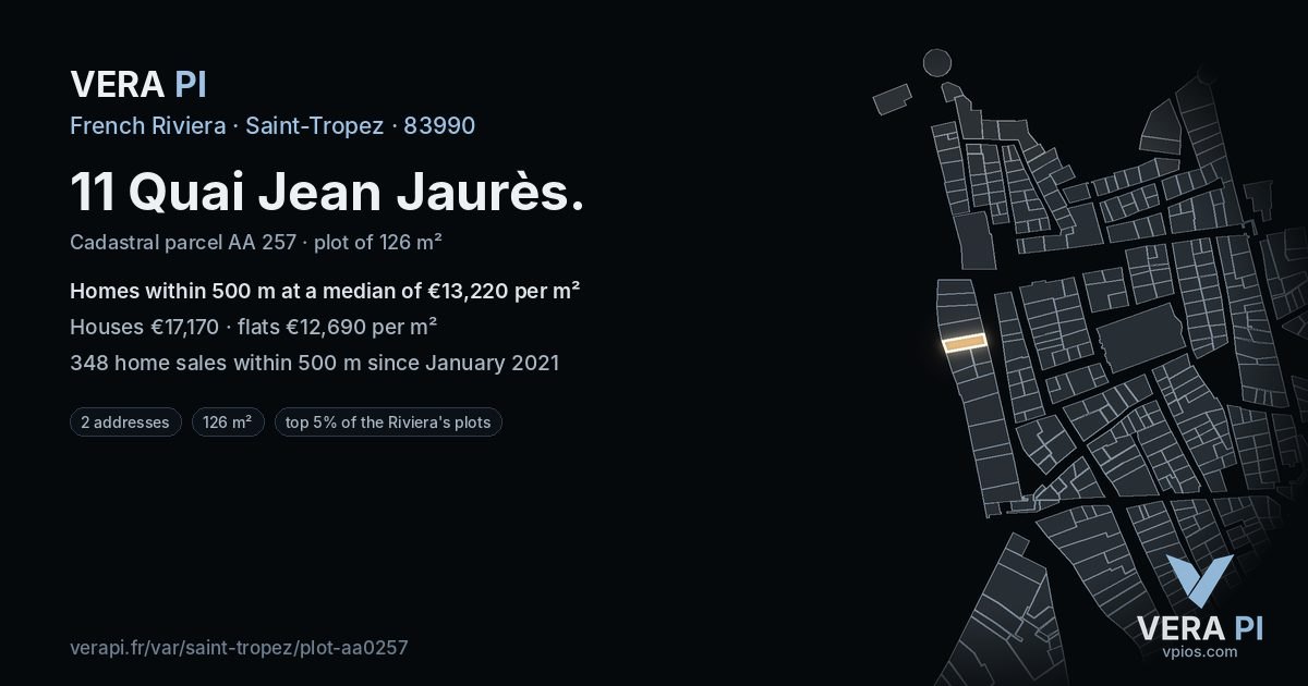 11 Quai Jean Jaurès, Saint-Tropez at night – the plot lit, the parcels around coloured by the prices near them