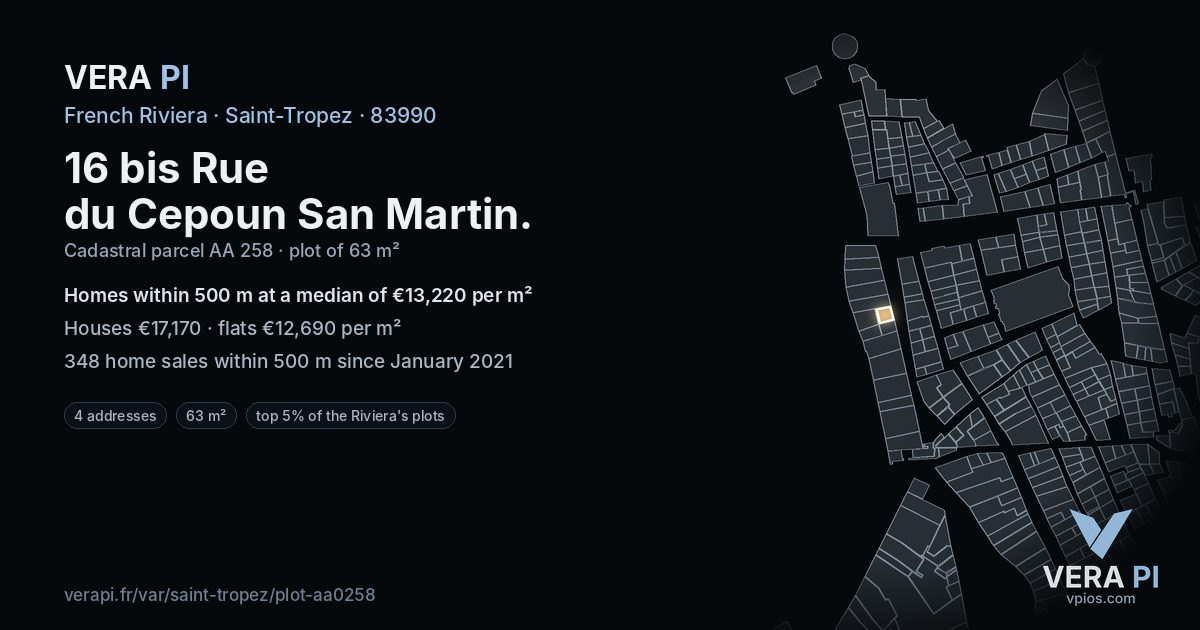 16 bis Rue du Cepoun San Martin, Saint-Tropez at night – the plot lit, the parcels around coloured by the prices near them