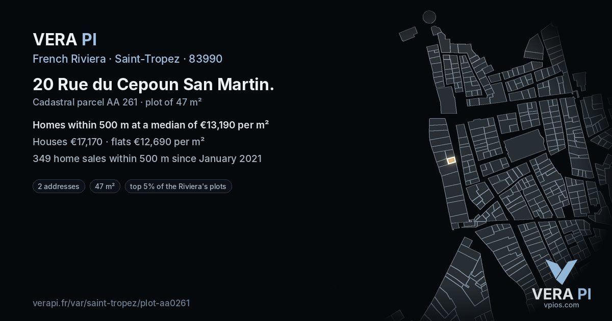 20 Rue du Cepoun San Martin, Saint-Tropez at night – the plot lit, the parcels around coloured by the prices near them