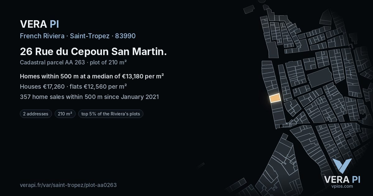 26 Rue du Cepoun San Martin, Saint-Tropez at night – the plot lit, the parcels around coloured by the prices near them