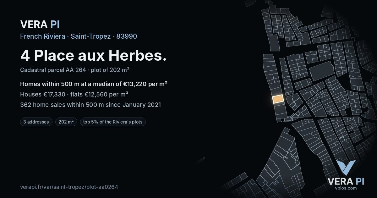 4 Place aux Herbes, Saint-Tropez at night – the plot lit, the parcels around coloured by the prices near them
