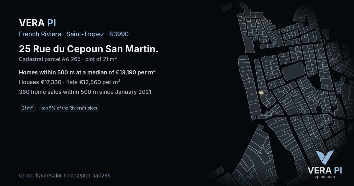 25 Rue du Cepoun San Martin, Saint-Tropez at night – the plot lit, the parcels around coloured by the prices near them