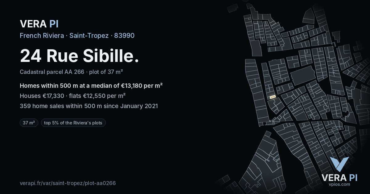 24 Rue Sibille, Saint-Tropez at night – the plot lit, the parcels around coloured by the prices near them