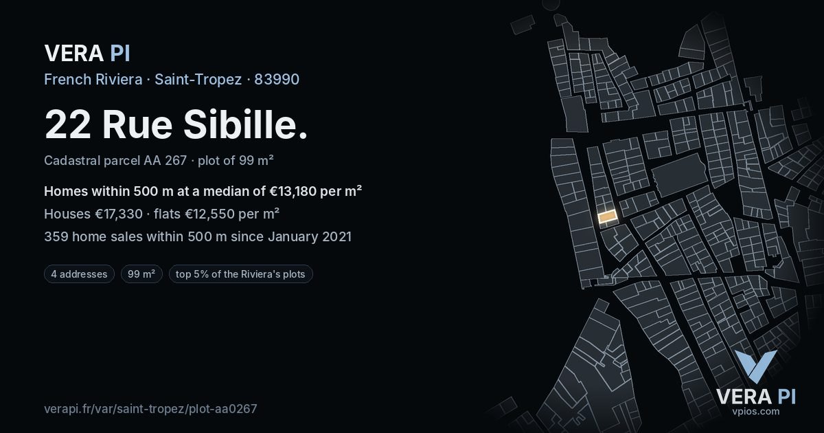 22 Rue Sibille, Saint-Tropez at night – the plot lit, the parcels around coloured by the prices near them
