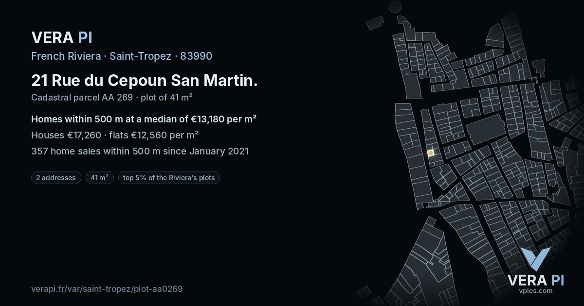 21 Rue du Cepoun San Martin, Saint-Tropez at night – the plot lit, the parcels around coloured by the prices near them
