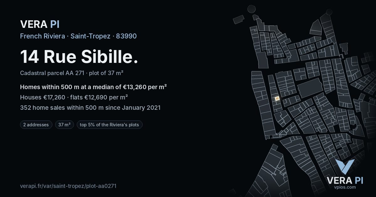 14 Rue Sibille, Saint-Tropez at night – the plot lit, the parcels around coloured by the prices near them