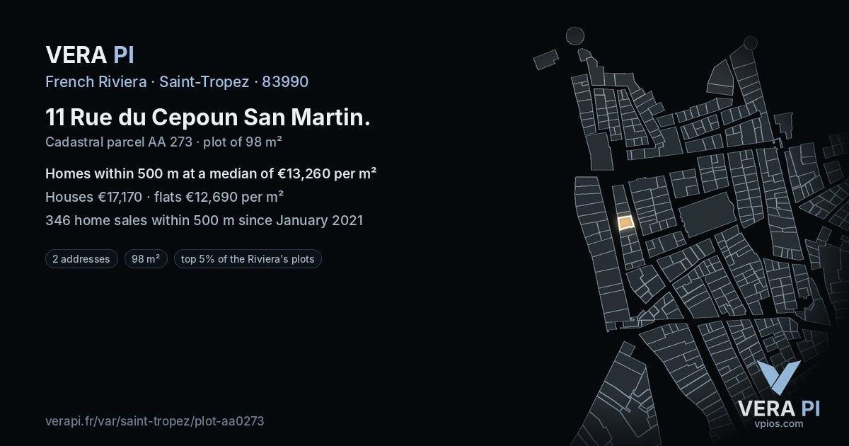 11 Rue du Cepoun San Martin, Saint-Tropez at night – the plot lit, the parcels around coloured by the prices near them
