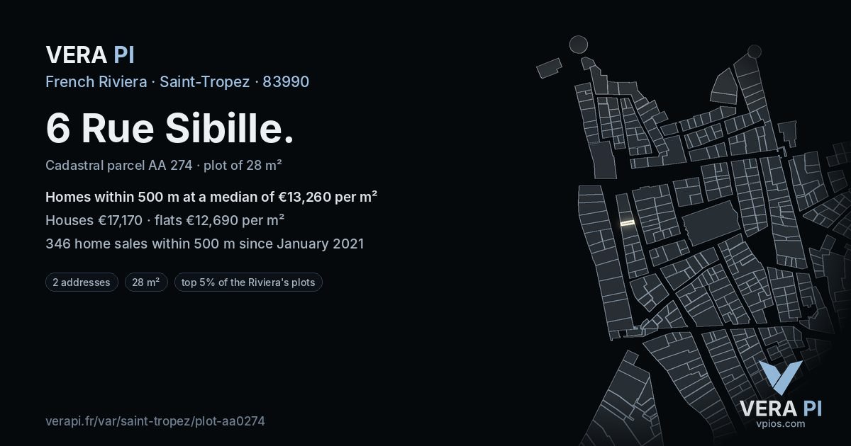 6 Rue Sibille, Saint-Tropez at night – the plot lit, the parcels around coloured by the prices near them