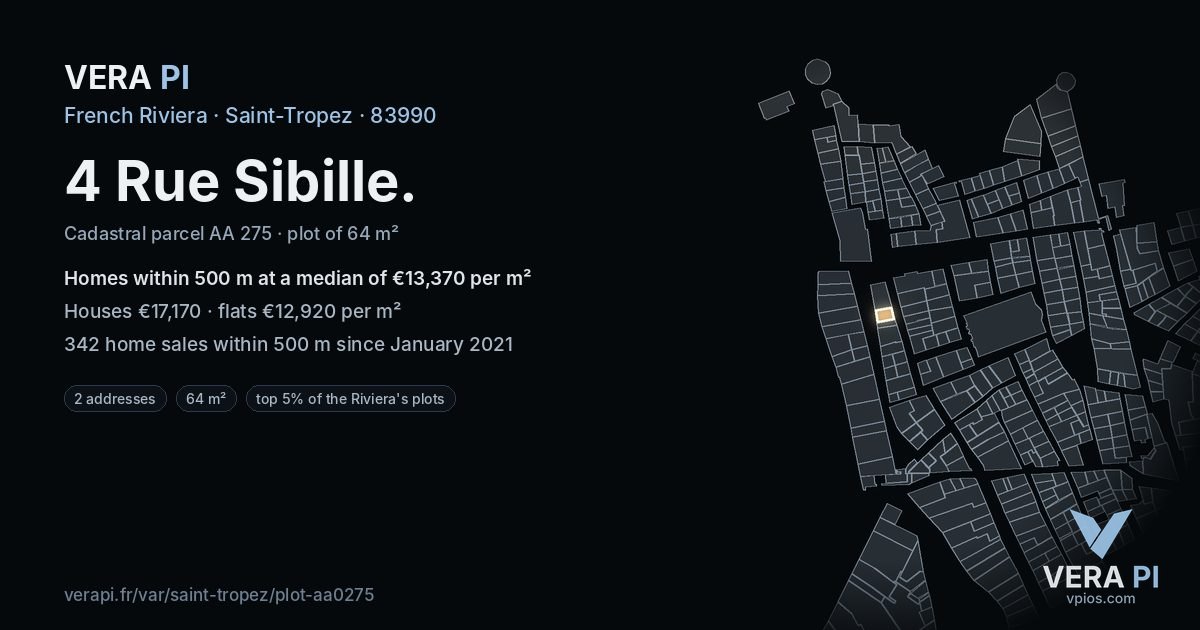 4 Rue Sibille, Saint-Tropez at night – the plot lit, the parcels around coloured by the prices near them