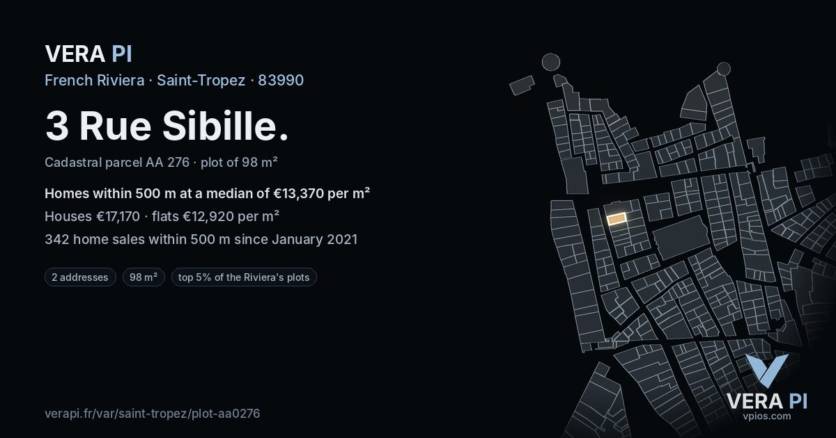 3 Rue Sibille, Saint-Tropez at night – the plot lit, the parcels around coloured by the prices near them