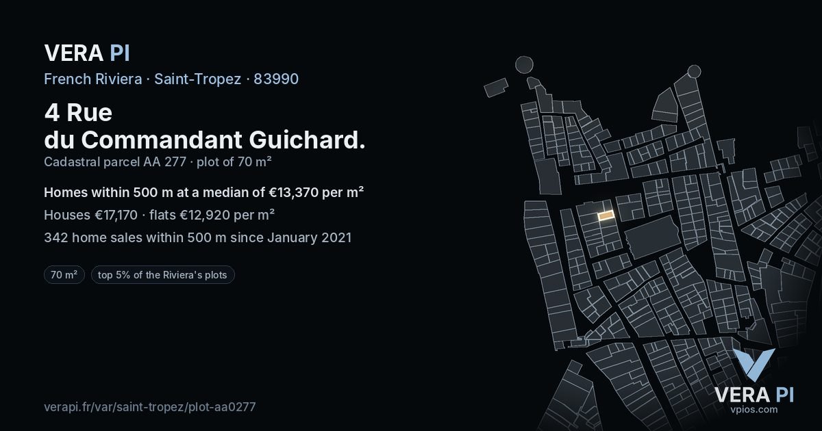 4 Rue du Commandant Guichard, Saint-Tropez at night – the plot lit, the parcels around coloured by the prices near them