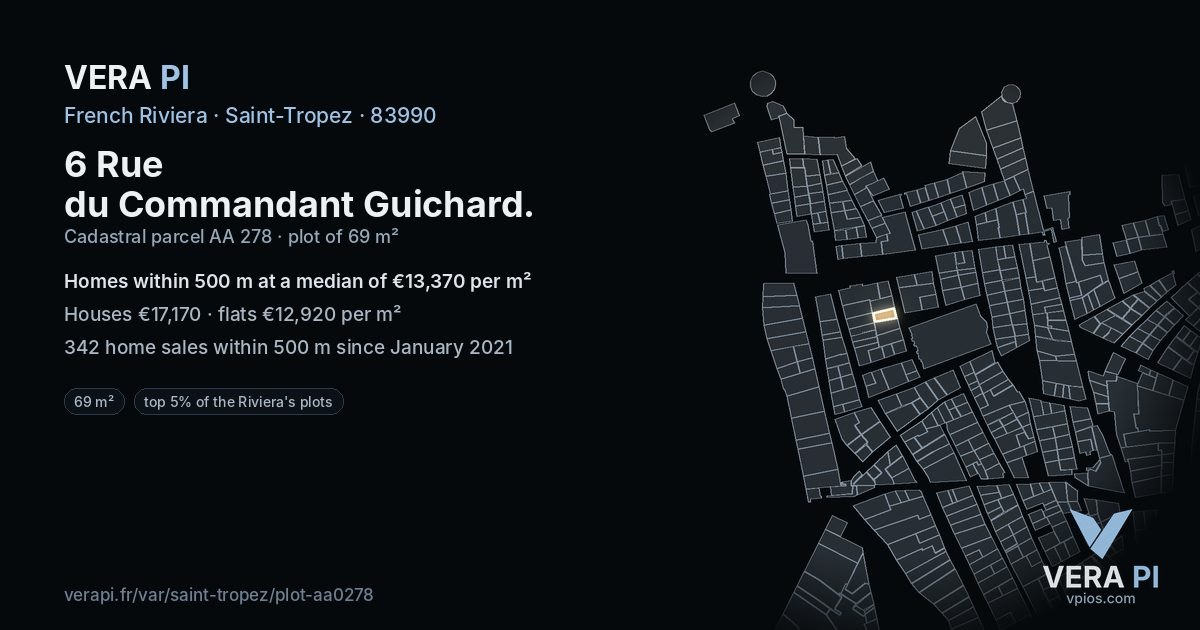 6 Rue du Commandant Guichard, Saint-Tropez at night – the plot lit, the parcels around coloured by the prices near them
