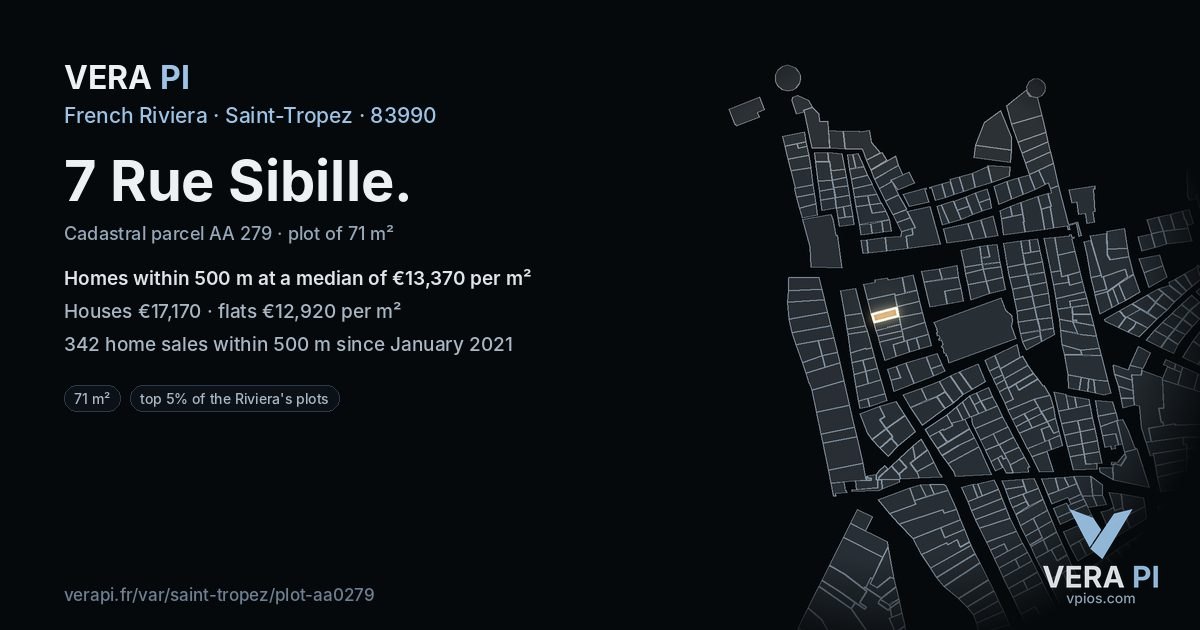 7 Rue Sibille, Saint-Tropez at night – the plot lit, the parcels around coloured by the prices near them
