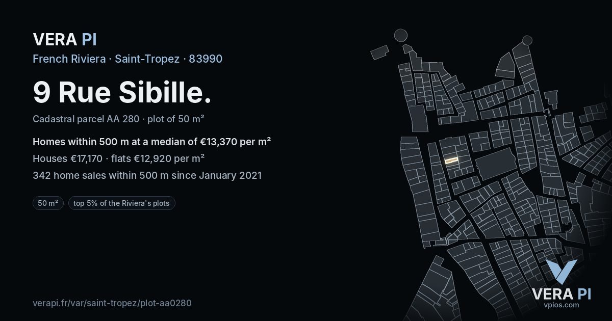 9 Rue Sibille, Saint-Tropez at night – the plot lit, the parcels around coloured by the prices near them