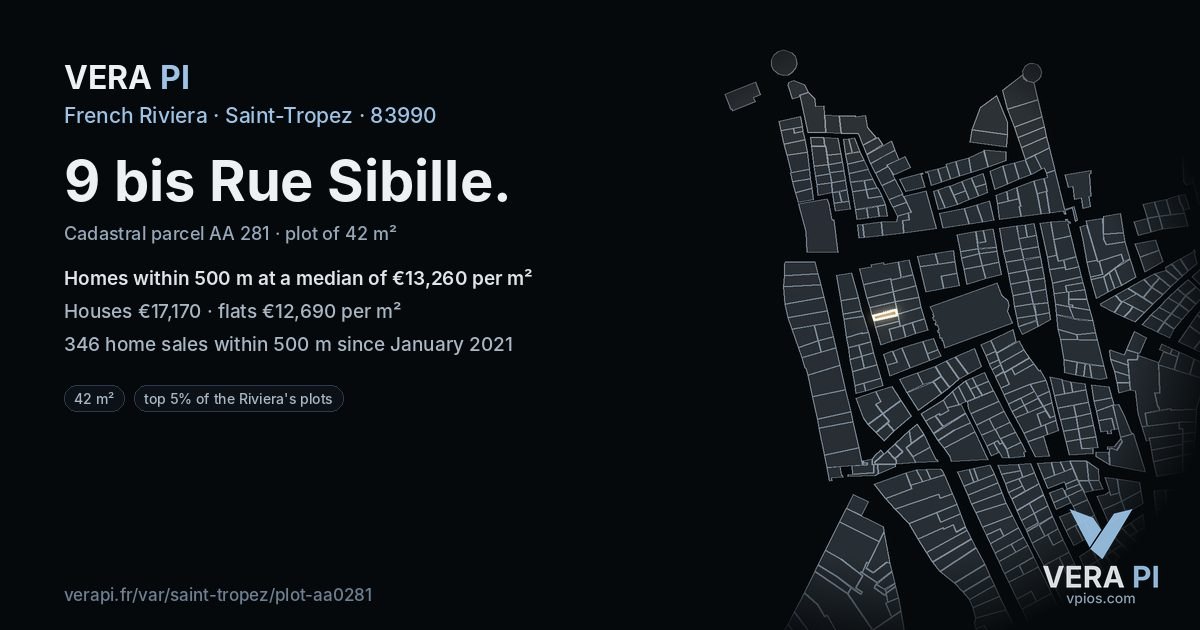 9 bis Rue Sibille, Saint-Tropez at night – the plot lit, the parcels around coloured by the prices near them