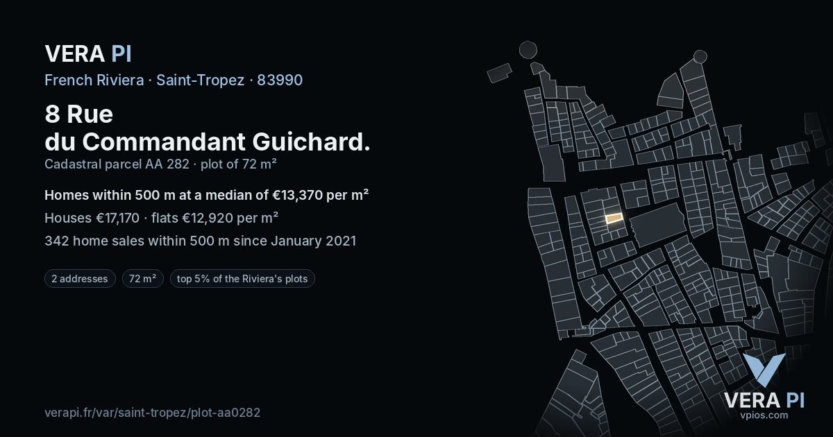 8 Rue du Commandant Guichard, Saint-Tropez at night – the plot lit, the parcels around coloured by the prices near them