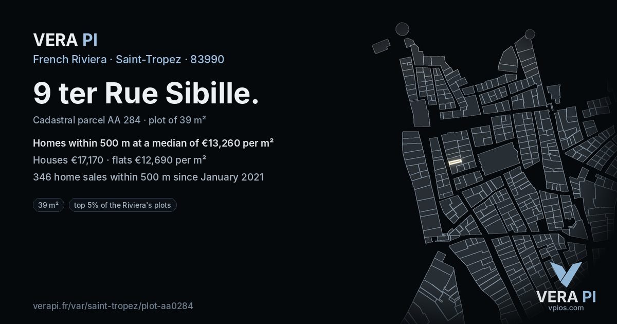 9 ter Rue Sibille, Saint-Tropez at night – the plot lit, the parcels around coloured by the prices near them