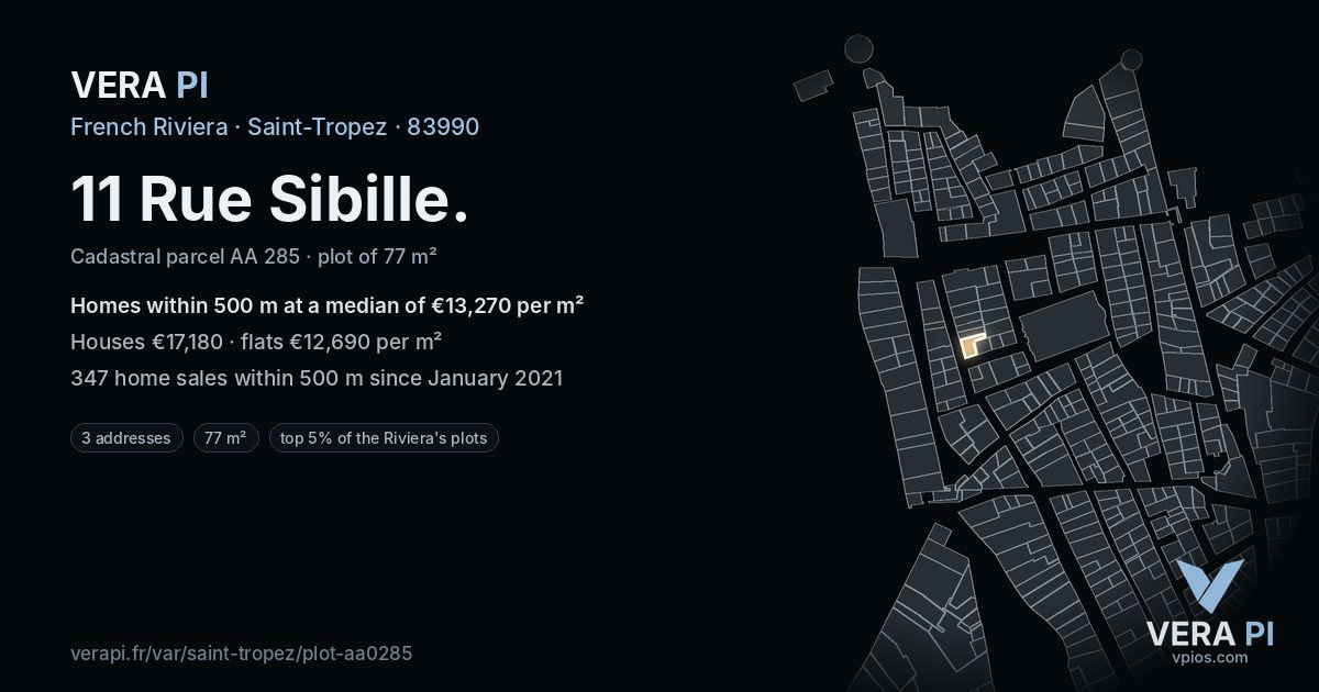 11 Rue Sibille, Saint-Tropez at night – the plot lit, the parcels around coloured by the prices near them