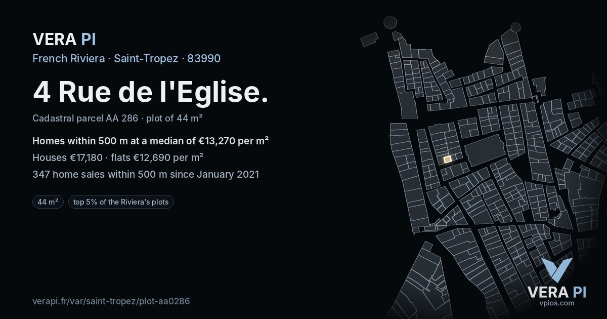 4 Rue de l'Eglise, Saint-Tropez at night – the plot lit, the parcels around coloured by the prices near them