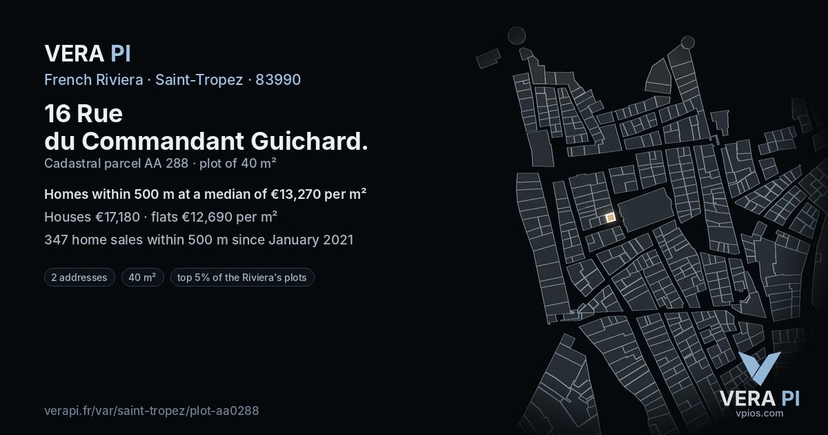 16 Rue du Commandant Guichard, Saint-Tropez at night – the plot lit, the parcels around coloured by the prices near them