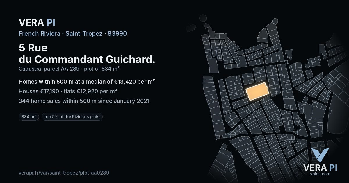 5 Rue du Commandant Guichard, Saint-Tropez at night – the plot lit, the parcels around coloured by the prices near them