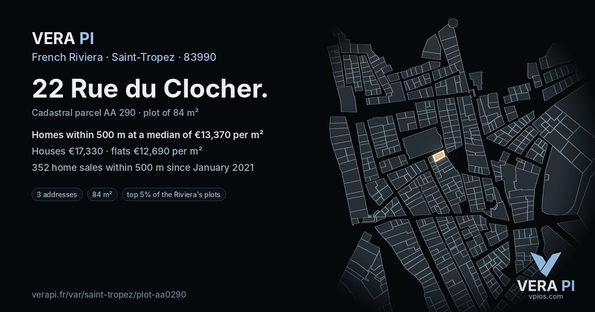 22 Rue du Clocher, Saint-Tropez at night – the plot lit, the parcels around coloured by the prices near them