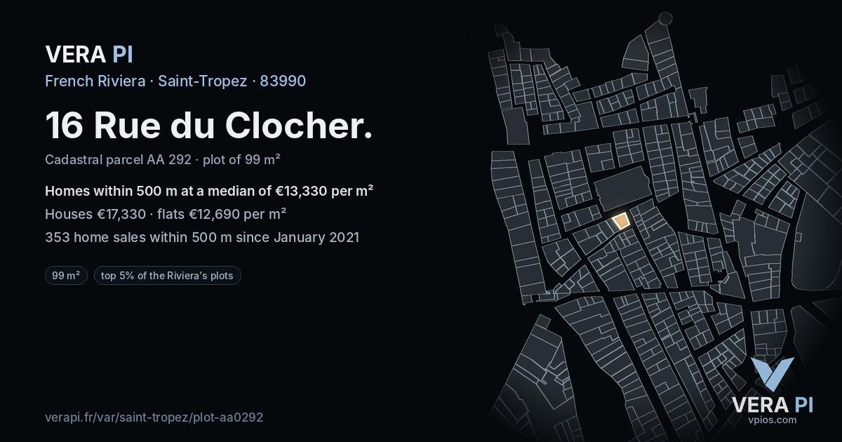 16 Rue du Clocher, Saint-Tropez at night – the plot lit, the parcels around coloured by the prices near them