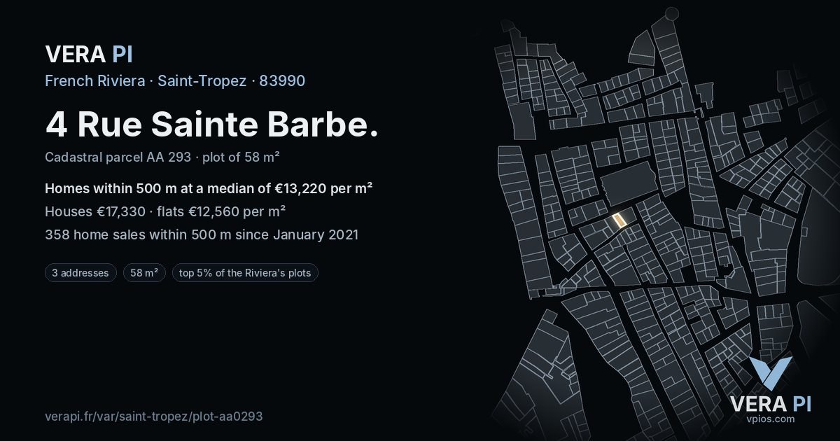 4 Rue Sainte Barbe, Saint-Tropez at night – the plot lit, the parcels around coloured by the prices near them