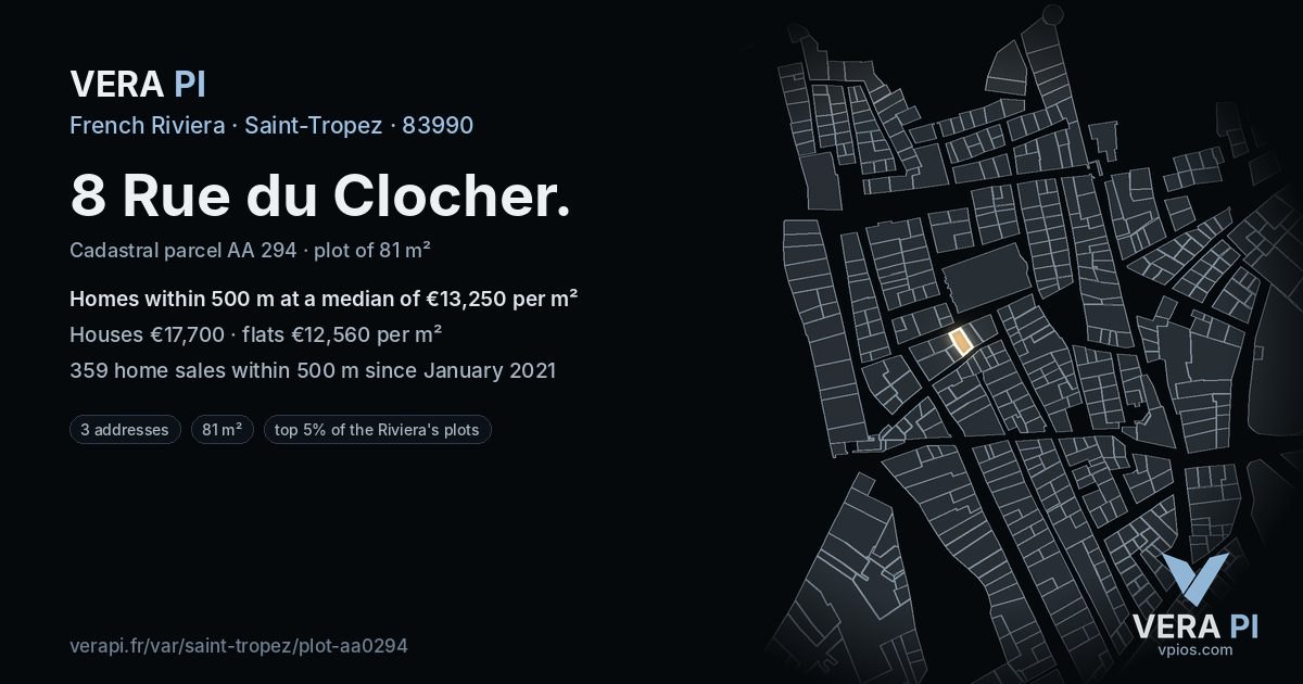 8 Rue du Clocher, Saint-Tropez at night – the plot lit, the parcels around coloured by the prices near them
