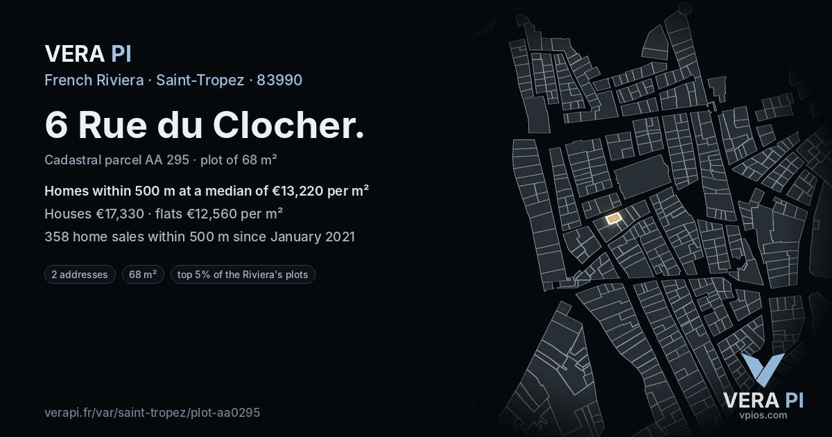 6 Rue du Clocher, Saint-Tropez at night – the plot lit, the parcels around coloured by the prices near them