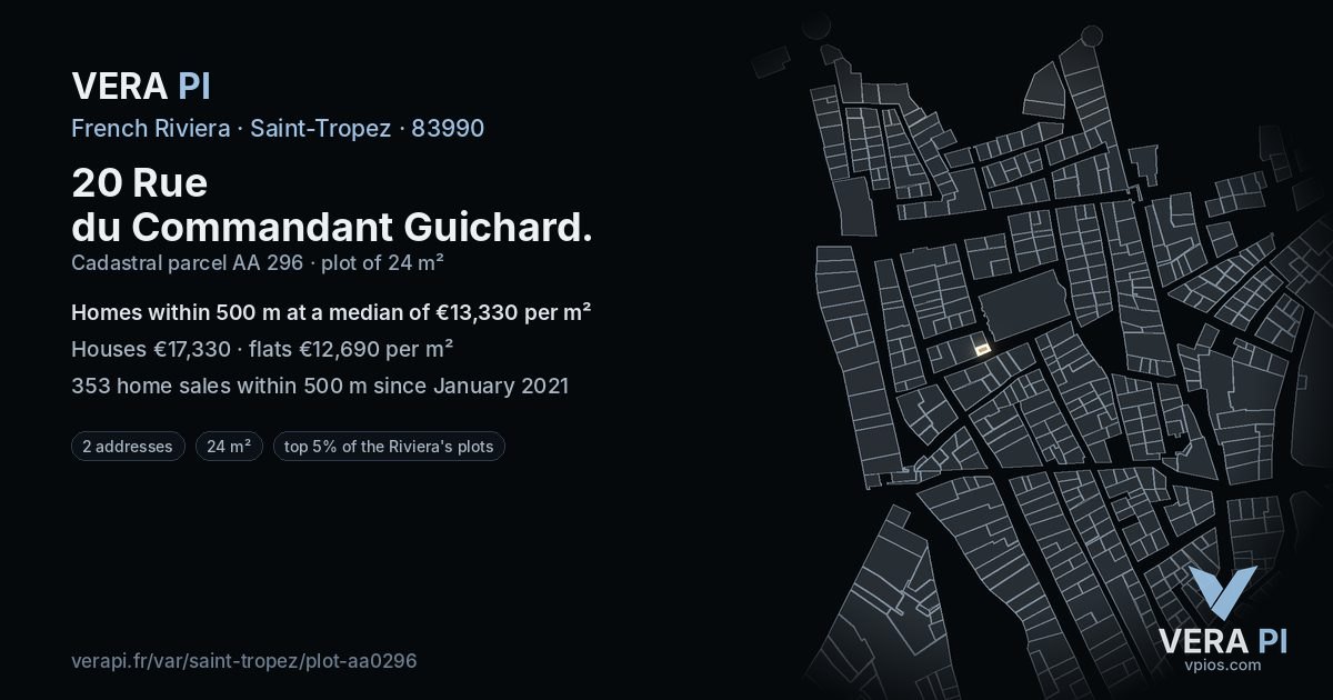 20 Rue du Commandant Guichard, Saint-Tropez at night – the plot lit, the parcels around coloured by the prices near them