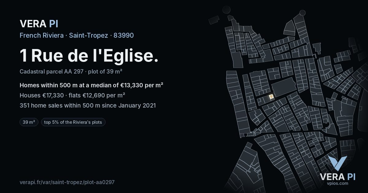 1 Rue de l'Eglise, Saint-Tropez at night – the plot lit, the parcels around coloured by the prices near them