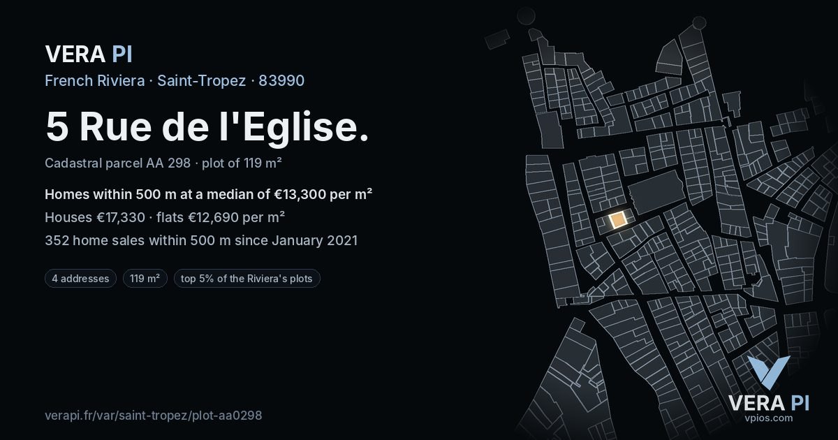 5 Rue de l'Eglise, Saint-Tropez at night – the plot lit, the parcels around coloured by the prices near them