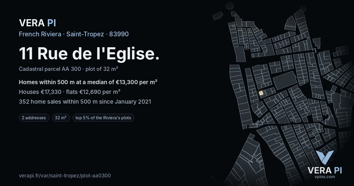 11 Rue de l'Eglise, Saint-Tropez at night – the plot lit, the parcels around coloured by the prices near them