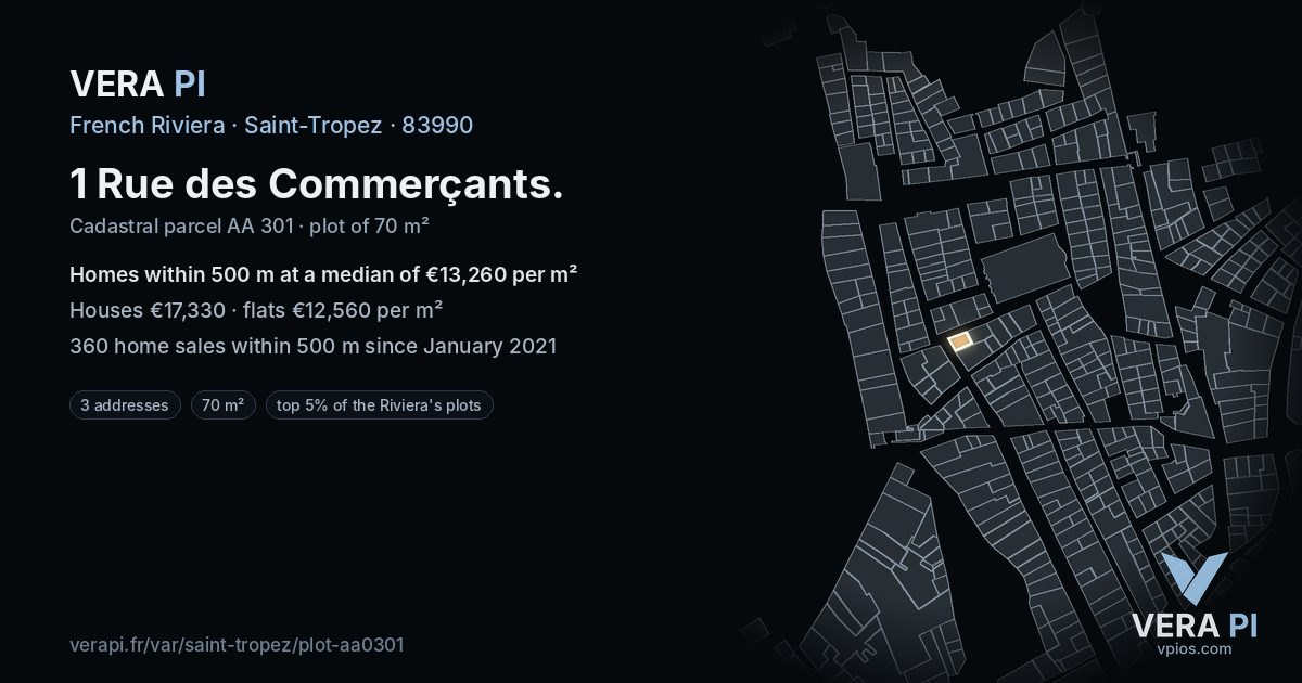 1 Rue des Commerçants, Saint-Tropez at night – the plot lit, the parcels around coloured by the prices near them