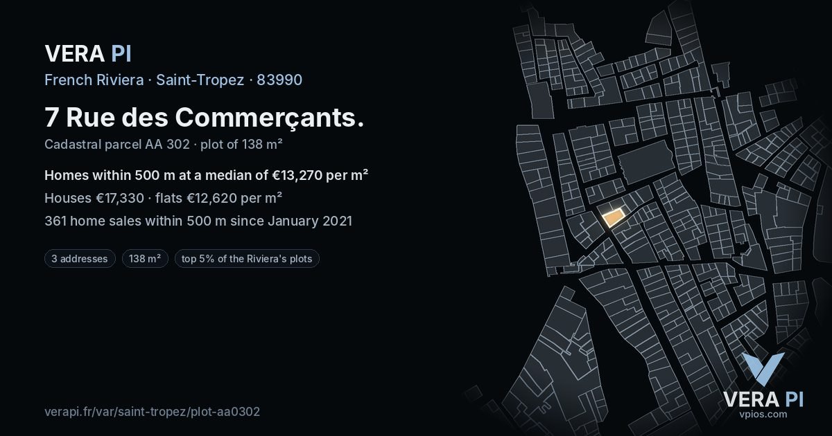 7 Rue des Commerçants, Saint-Tropez at night – the plot lit, the parcels around coloured by the prices near them