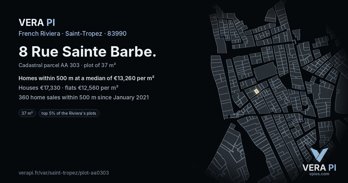 8 Rue Sainte Barbe, Saint-Tropez at night – the plot lit, the parcels around coloured by the prices near them