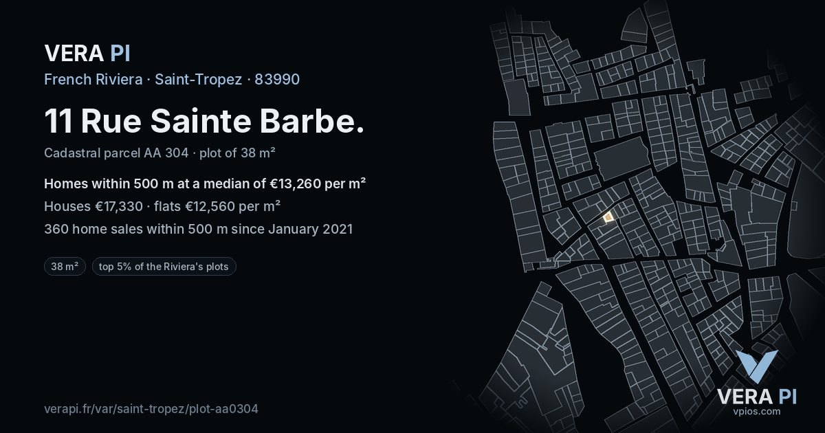 11 Rue Sainte Barbe, Saint-Tropez at night – the plot lit, the parcels around coloured by the prices near them