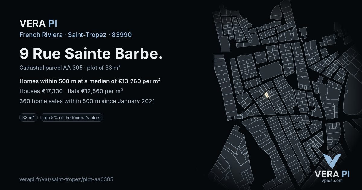 9 Rue Sainte Barbe, Saint-Tropez at night – the plot lit, the parcels around coloured by the prices near them