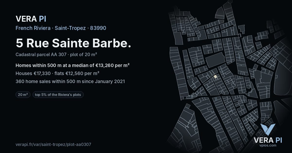 5 Rue Sainte Barbe, Saint-Tropez at night – the plot lit, the parcels around coloured by the prices near them
