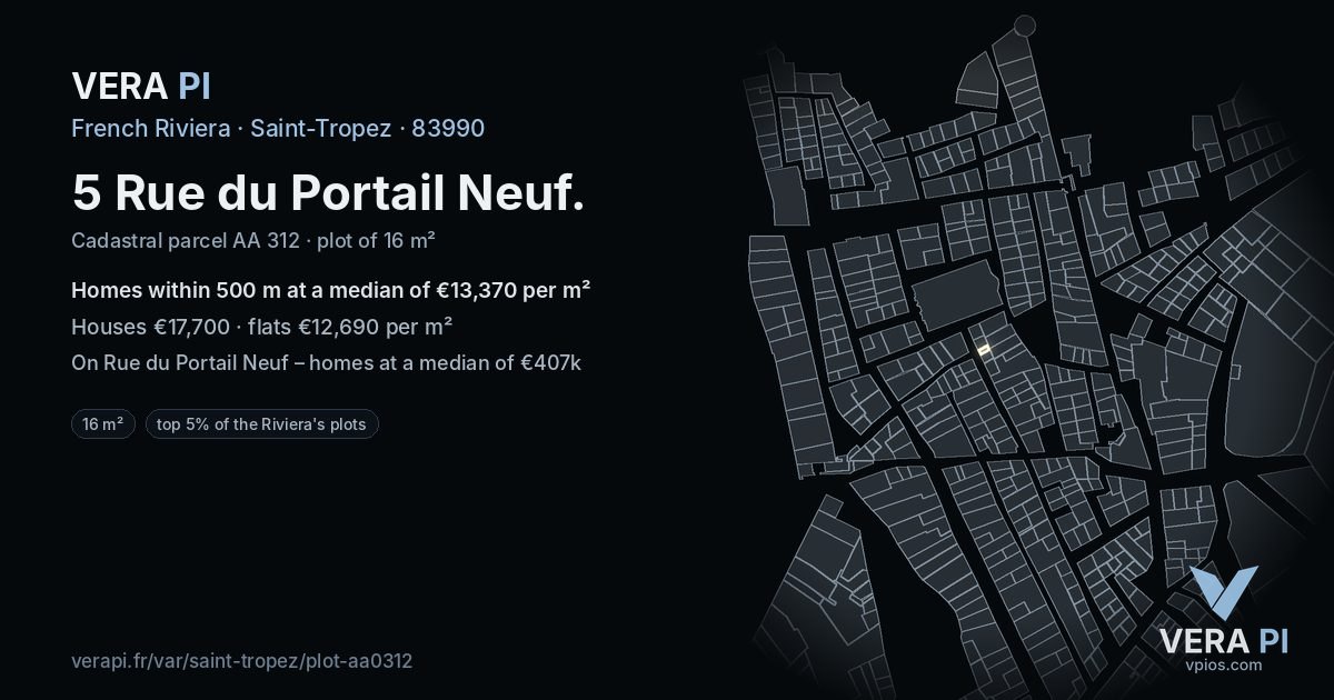 5 Rue du Portail Neuf, Saint-Tropez at night – the plot lit, the parcels around coloured by the prices near them