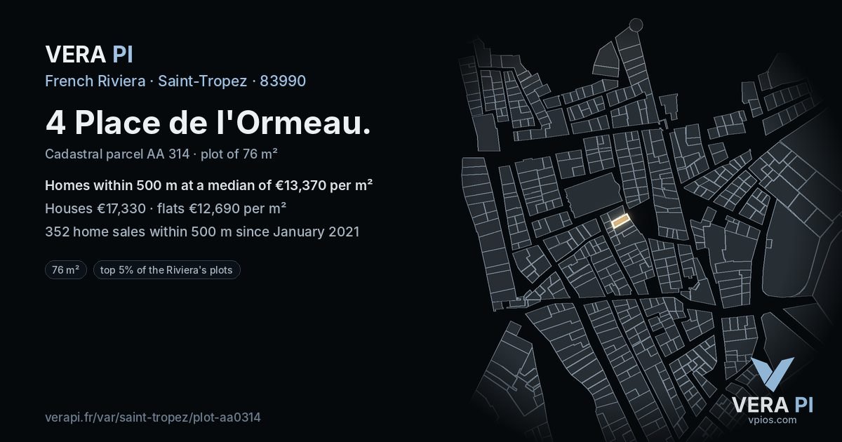 4 Place de l'Ormeau, Saint-Tropez at night – the plot lit, the parcels around coloured by the prices near them