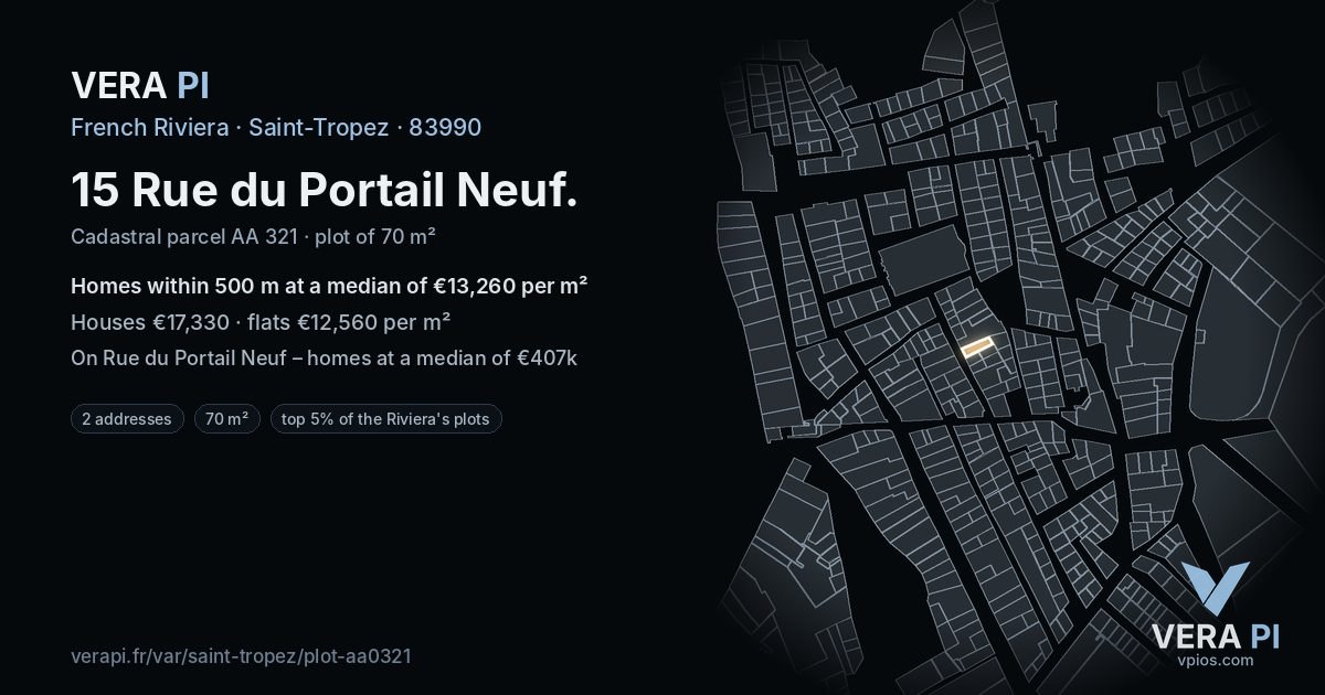 15 Rue du Portail Neuf, Saint-Tropez at night – the plot lit, the parcels around coloured by the prices near them