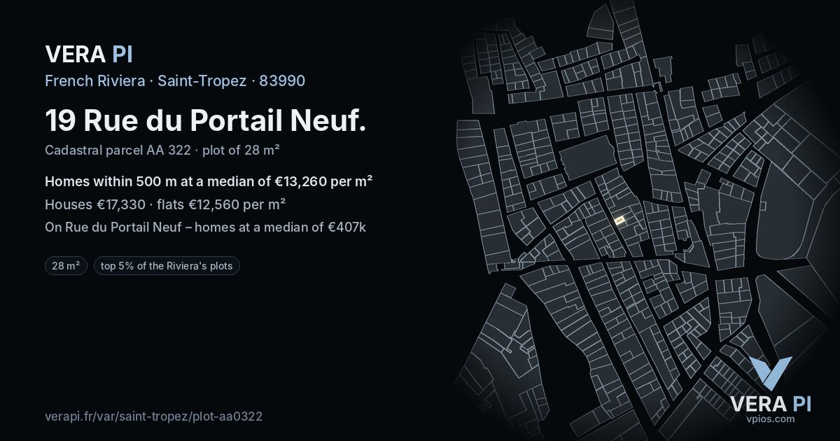 19 Rue du Portail Neuf, Saint-Tropez at night – the plot lit, the parcels around coloured by the prices near them