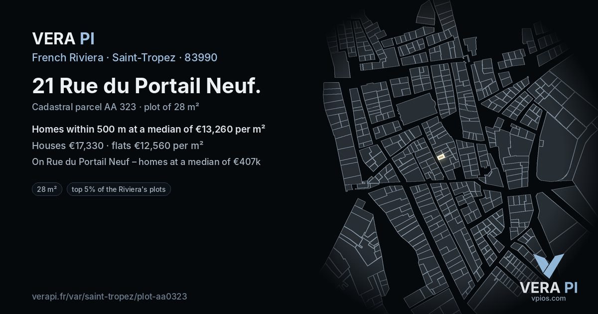 21 Rue du Portail Neuf, Saint-Tropez at night – the plot lit, the parcels around coloured by the prices near them