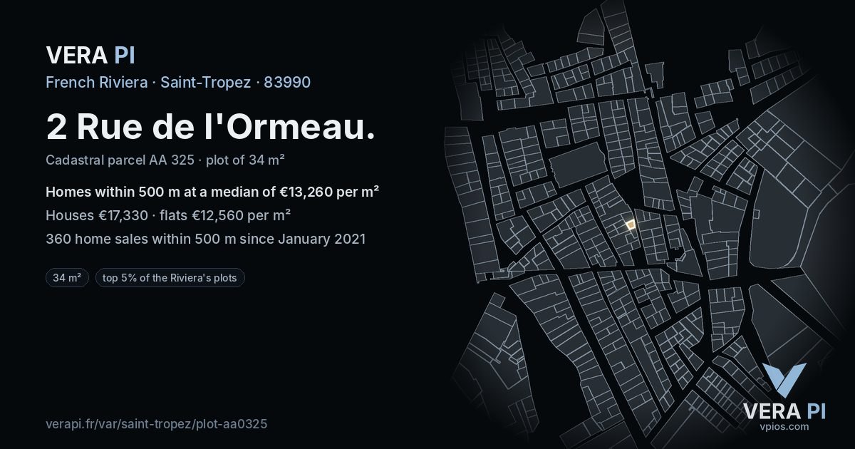 2 Rue de l'Ormeau, Saint-Tropez at night – the plot lit, the parcels around coloured by the prices near them
